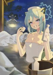 Rule 34 | 1girl, absurdres, animal ears, blue archive, blue halo, bottle, breasts, cleavage, cup, green hair, grin, halo, highres, holding, holding bottle, holding cup, looking at viewer, marks (dmhunsu10), medium breasts, medium hair, naked towel, night, onsen, outdoors, partially submerged, purple eyes, shigure (blue archive), shigure (hot spring) (blue archive), smile, solo, tail, towel, water, weasel ears, weasel tail, white towel