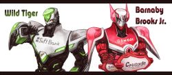 Rule 34 | 10s, 2boys, armor, barnaby brooks jr., crossed arms, kaburagi t. kotetsu, letterboxed, male focus, multiple boys, power armor, power suit, product placement, sachito, superhero costume, tiger &amp; bunny, wild tiger