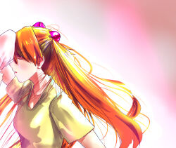 Rule 34 | 1girl, arm support, bravoida, breasts, brown hair, casual, closed eyes, disgust, hairpods, highres, interface headset, long hair, medium breasts, neon genesis evangelion, orange hair, shiny skin, shirt, simple background, solo, souryuu asuka langley, two side up, very long hair, yellow shirt