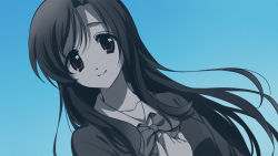 Rule 34 | 1girl, asada hachi, blazer, blue background, bow, bowtie, breasts, brown eyes, closed mouth, collarbone, collared shirt, commentary, dutch angle, floating hair, gradient background, greyscale, hand up, highres, jacket, katsura kotonoha, large breasts, long hair, looking at viewer, monochrome, school days, school uniform, shirt, simple background, smile, solo, spot color, upper body