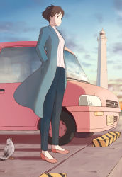 Rule 34 | 1girl, bird, blue coat, bob cut, car, coat, denim, gake no ue no ponyo, hands in pockets, jas (littlecrime), jeans, lighthouse, lisa (ponyo), motor vehicle, pants, pink footwear, ribbed sweater, shoes, solo, sweater, translation request, white sweater