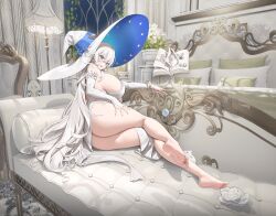 1girl absurdres ass barefoot blue_eyes blush book breasts dress feet hand_on_own_thigh hat highres large_breasts large_hat long_hair looking_at_viewer lying muloli on_side open_mouth soles toes white_hair witch_hat