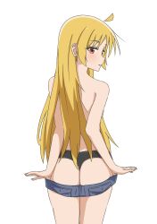 Rule 34 | 1girl, absurdres, ahoge, ass, black panties, blonde hair, blue shorts, bocchi the rock!, clothes pull, commentary, cowboy shot, english commentary, from behind, highres, ijichi seika, long hair, looking back, panties, parted lips, pulling own clothes, red eyes, shorts, shorts pull, simple background, solo, standing, thundradrawings, topless, underwear, undressing, very long hair, white background