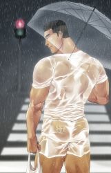 Rule 34 | 1boy, ass, back, bag, bara, black hair, cowboy shot, from behind, highres, holding, holding umbrella, looking down, male focus, muscular, muscular male, nape, original, public indecency, road, road sign, see-through, shirt, shopping bag, short hair, shorts, sign, solo, street, thick thighs, thighs, transparent, transparent umbrella, umbrella, undercut, wet, wet clothes, wet shirt, wet shorts, winemvee