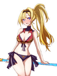 Rule 34 | 10s, 1girl, bikini, blonde hair, blue eyes, blush, braid, cleavage cutout, clothing cutout, granblue fantasy, hairband, highres, himo, long hair, looking at viewer, open mouth, side ponytail, solo, swimsuit, white background, zeta (granblue fantasy)