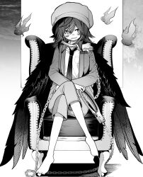 Rule 34 | 1girl, akimaki yuu, bags under eyes, barefoot, bird, chain, chair, commission, corruption, crossed legs, crow, cuffs, dark persona, evil smile, fire, fire, foul detective satori, greyscale, handcuffs, hat, highres, holding, holding handcuffs, jacket, looking to the side, miyadeguchi mizuchi, monochrome, necktie, pants, possessed, possession, second-party source, shameimaru aya, sitting, smile, solo, touhou, wings