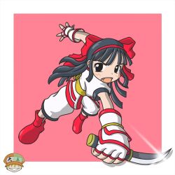 Rule 34 | 1girl, ainu clothes, attack, black eyes, black hair, fang, fingerless gloves, gloves, hair ribbon, highres, legs, long hair, looking at viewer, nakoruru, open mouth, pants, ribbon, samurai spirits, serious, snk, the king of fighters, thighs, weapon