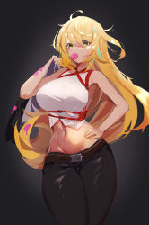 Rule 34 | 1girl, absurdres, ahoge, ankh man, bare shoulders, belt, black legwear, blonde hair, breasts, chewing gum, crop top, expressionless, future knight, green eyes, guardian tales, hand on own hip, highres, large breasts, long hair, looking at viewer, navel, official alternate costume, simple background, solo, standing