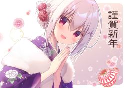 Rule 34 | 1girl, :d, commentary request, dutch angle, floral background, floral print, flower, fur collar, hair between eyes, hair bun, hair flower, hair ornament, hands up, highres, japanese clothes, kimono, long sleeves, looking at viewer, miyasaka naco, open mouth, original, own hands together, palms together, print kimono, purple kimono, red eyes, red flower, red rose, rose, sidelocks, single hair bun, smile, solo, translation request, upper body, white flower, white hair, wide sleeves
