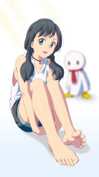 Rule 34 | 1girl, amano hina (tenki no ko), artist request, barefoot, black hair, blue eyes, feet, highres, jewelry, long hair, looking at viewer, necklace, parted lips, shorts, sleeveless, soles, tenki no ko, toes