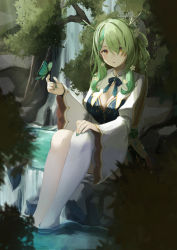 Rule 34 | 1girl, antlers, blush, braid, braided bangs, branch, breasts, bug, butterfly, butterfly on hand, ceres fauna, commentary request, dress, eyes visible through hair, feet in water, flower, green hair, green nails, hand on own knee, highres, hololive, hololive english, horns, insect, large breasts, long hair, long sleeves, looking at viewer, multicolored hair, nail polish, nature, nyan (reinyan 007), one side up, outdoors, parted lips, single braid, single thighhigh, sitting, soaking feet, solo, streaked hair, thighhighs, virtual youtuber, water, waterfall, white dress, white flower, white thighhighs, wide sleeves