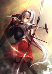 Rule 34 | 10s, 1girl, aiming, archery, arrow (projectile), boots, bow (weapon), brown gloves, drawing bow, flight deck, garter straps, gloves, hachimaki, hairband, hakama, hakama short skirt, hakama skirt, headband, highres, holding, holding bow (weapon), holding weapon, japanese clothes, kantai collection, light, long hair, looking at viewer, oki (koi0koi), pleated skirt, red skirt, short sleeves, shoukaku (kancolle), single glove, skirt, solo, thigh boots, thighhighs, twisted torso, very long hair, weapon, white hair