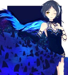 Rule 34 | 10s, 1girl, armpits, bare shoulders, black hair, black ribbon, breasts, cleavage, collarbone, commentary request, earrings, elbow gloves, eyebrows, feather hair ornament, feathers, gloves, hair ornament, hayami kanade, idolmaster, idolmaster cinderella girls, jewelry, looking at viewer, md5 mismatch, neck ribbon, one eye closed, resolution mismatch, ribbon, short hair, single elbow glove, solo, source smaller, su roron, yellow eyes