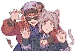 Rule 34 | 2girls, animal ears, arm around shoulder, black coat, blue brooch, blue scarf, cat ears, cat girl, claw pose, coat, collared shirt, commentary, english commentary, freckles, grey eyes, grey hair, jacket, kemonomimi mode, kuva5z, lion ears, lion girl, lion tail, long sleeves, looking at viewer, multiple girls, open mouth, parted lips, red jacket, regulus (reverse:1999), reverse:1999, scarf, shirt, simple background, sunglasses, tail, teeth, upper body, vertin (reverse:1999), white background, white shirt