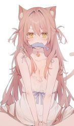 Rule 34 | 1girl, :3, animal, animal ear fluff, animal ears, bell, blue ribbon, blush, breast press, breasts, brown hair, butterfly sitting, cat ears, cat girl, cat tail, choker, cleavage, collarbone, commentary, dress, eme (emeralda), fish, fish in mouth, hair intakes, highres, holding, holding animal, holding fish, jingle bell, long hair, medium breasts, mouth hold, neck bell, original, ribbon, simple background, sitting, sleeveless, sleeveless dress, solo, tail, two side up, v arms, very long hair, white background, white choker, white dress, yellow eyes