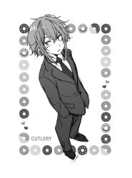 Rule 34 | 1boy, alternate costume, character name, cutlery (senjuushi), formal, full body, graphite (medium), greyscale, hair between eyes, hands in pockets, hatching (texture), kinoshita sakura, linear hatching, looking up, male focus, mixed media, monochrome, senjuushi: the thousand noble musketeers, senjuushi (series), short hair with long locks, solo, standing, suit, traditional media
