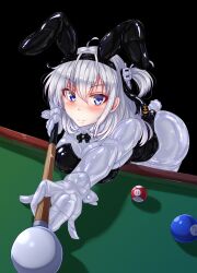 Rule 34 | 1girl, absurdres, ahoge, anchor symbol, animal ears, ball, billiard ball, billiards, black background, blue eyes, bodysuit, breasts, bunny day, cleavage, commentary request, grey hair, groin, highres, kantai collection, large breasts, latex, latex bodysuit, leotard, looking at viewer, playboy bunny, rabbit ears, rabbit tail, riretsuto, simple background, smile, solo focus, suzutsuki (kancolle), tail