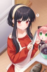 Rule 34 | 2girls, ?, ahoge, anya (spy x family), bad food, bad id, bad pixiv id, bare shoulders, black dress, black hair, breasts, censored, censored food, collarbone, commentary, cone hair bun, dress, fish, food, green eyes, hair bun, hairband, highres, holding, holding knife, knife, large breasts, long hair, moorina, mosaic censoring, multiple girls, pink hair, red sweater, short sleeves, smile, speech bubble, spy x family, sweater, yor briar