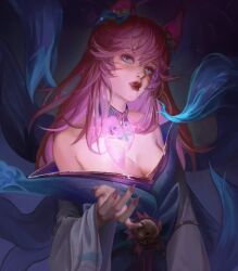 Rule 34 | 1girl, ahri (league of legends), animal ears, bare shoulders, bell, blue eyes, breasts, cleavage, facial mark, fox ears, fox tail, hand up, japanese clothes, kimono, kyuubi, large breasts, league of legends, long hair, muzi zhe yi, nail polish, off shoulder, pink nails, red hair, solo, spirit blossom ahri, tail, whisker markings