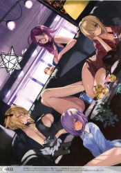 Rule 34 | 4girls, :d, ;), absurdres, artoria pendragon (all), artoria pendragon (fate), artoria pendragon (lancer alter) (fate), ass, bare legs, blonde hair, blue eyes, braid, breasts, cleavage, cup, drinking glass, dutch angle, fate/grand order, fate (series), francis drake (fate), french braid, hair ornament, hair over one eye, hair over shoulder, hair ribbon, highres, indoors, large breasts, looking at viewer, lying, mash kyrielight, mouth hold, multiple girls, nero claudius (fate), nero claudius (fate) (all), nero claudius (fate/extra), non-web source, nove (legge), off shoulder, on side, one eye closed, open mouth, purple eyes, purple hair, ribbon, saber (fate), saber alter, scan, scar, single braid, sitting, smile, stuffed animal, stuffed toy, underboob, wine glass, yellow eyes
