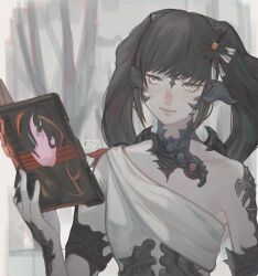 Rule 34 | 1girl, au ra, black flower, black hair, book, claw ring, closed mouth, colored skin, final fantasy, final fantasy xiv, flower, freckles, grey eyes, grey skin, hair flower, hair ornament, highres, holding, holding book, horns, konburice, monster girl, open book, reading, scales, signature, smile, solo, upper body, warrior of light (ff14)