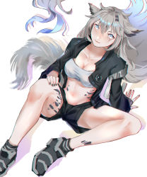 Rule 34 | 1girl, absurdres, animal ears, arknights, bandeau, bare legs, black footwear, black jacket, black shorts, breasts, chinese commentary, cleavage, collarbone, commentary request, fangs, grey eyes, hair between eyes, hair ornament, hairclip, highres, jacket, lappland (arknights), long hair, long sleeves, looking at viewer, material growth, medium breasts, midriff, nail polish, navel, open clothes, open jacket, oripathy lesion (arknights), parted lips, scar, scar across eye, scar on face, shoes, short shorts, shorts, silver hair, simple background, solo, stomach, strapless, tail, thighs, tube top, white background, wolf ears, wolf tail, wtm-sb