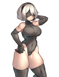 Rule 34 | 1girl, ass, black blindfold, black gloves, black leotard, black thighhighs, blindfold, breasts, covered eyes, elbow gloves, embarrassed, from side, frown, gloves, highres, kelvin hiu, large breasts, leotard, looking away, nier (series), nier:automata, no pants, red background, shiny skin, short hair, silver hair, skindentation, solo, standing, thick thighs, thighhighs, thighs, thong leotard, white background, 2b (nier:automata)
