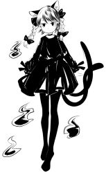 Rule 34 | 1girl, animal ears, bad id, bad twitter id, bow, braid, cat ears, choker, closed mouth, dress, full body, hair bow, hanokami, high contrast, highres, hitodama, kaenbyou rin, long sleeves, looking at viewer, medium hair, monochrome, multiple tails, nekomata, side braids, simple background, solo, tail, touhou, twin braids, two tails