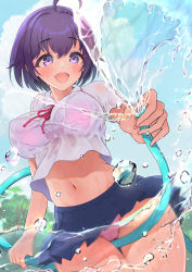 Rule 34 | 1girl, absurdres, ahoge, between thighs, blue skirt, blush, bra, bra visible through clothes, breasts, clothes lift, cloud, collared shirt, commentary request, crop top, day, hair between eyes, highres, holding, holding hose, hose, kunka smellher, large breasts, looking at viewer, midriff, moe2022, navel, open mouth, original, outdoors, panties, pink bra, pink panties, pleated skirt, purple eyes, purple hair, see-through, shirt, short hair, signature, skirt, skirt lift, sky, smile, solo, thighs, tree, underwear, water drop, wet, wet clothes, wet shirt, white shirt