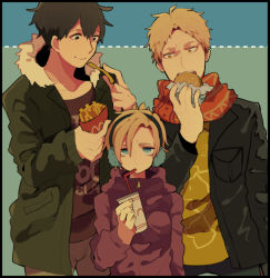 Rule 34 | 1girl, 2boys, annie leonhart, bertolt hoover, black hair, blonde hair, blue eyes, burger, contemporary, cup, eating, fast food, food, french fries, mcdonald&#039;s, multiple boys, open mouth, reiner braun, shingeki no kyojin, shitoo, smile