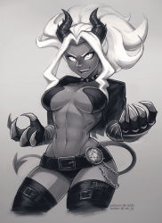 Rule 34 | 1girl, abs, artist name, breasts, choker, cleavage, cowboy shot, demon girl, demon horns, demon tail, grey background, greyscale, helltaker, horns, iahfy, judgement (helltaker), looking at viewer, medium breasts, monochrome, navel, open mouth, patreon username, simple background, solo, spiked choker, spikes, tail, teeth, thighhighs, tongue, twitter username, watermark, white hair