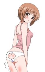 Rule 34 | 10s, 1girl, ass, ass cutout, blush, breasts, brown eyes, brown hair, butt crack, camisole, cat cutout, cat lingerie, clothing cutout, covered erect nipples, flat ass, girls und panzer, looking at viewer, looking back, matching hair/eyes, medium breasts, meme attire, nishizumi miho, panties, sankuro (agoitei), short hair, simple background, solo, tank top, underwear, underwear only, white background