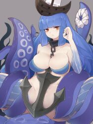 Rule 34 | 1girl, anchor, blue hair, blunt bangs, breasts, brown eyes, chain, closed mouth, collar, dungeon squad, hat, highres, kraken (dungeon squad), large breasts, long hair, looking at viewer, metal collar, monster girl, scylla, sidelocks, solo, suction cups, tentacles, watercraft, yonaga san