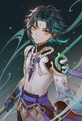 Rule 34 | 1boy, aqua hair, bare shoulders, black hair, blue gloves, blue sleeves, brown eyes, closed mouth, commentary request, detached sleeves, eyebrows hidden by hair, facial mark, forehead mark, genshin impact, gloves, gradient sleeves, highres, holding, lazuri7, long sleeves, looking at viewer, male focus, multicolored hair, parted bangs, shirt, solo, streaked hair, white shirt, white sleeves, wide sleeves, xiao (genshin impact)