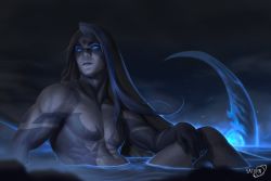 Rule 34 | 1boy, black hair, blue eyes, blue hair, collarbone, dripping, facial mark, glowing, glowing eyes, glowing weapon, highres, kayn (league of legends), league of legends, long hair, male focus, multicolored hair, navel, night, night sky, nipples, nude, outdoors, parted lips, partially submerged, saturn (satscarlet), scythe, signature, sitting, sky, solo, steam, tattoo, water, weapon, wet