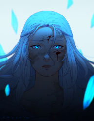 Rule 34 | 1girl, blood, blue eyes, blurry, blurry background, blurry foreground, close-up, closed mouth, commentary, dirty, dirty face, english commentary, final fantasy, final fantasy xiv, hair between eyes, injury, koyorin, lips, long hair, looking at viewer, portrait, solo, spoilers, venat (ff14), white hair