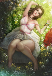 Rule 34 | 1girl, aerith gainsborough, armpits, arms up, barefoot, bow, bracelet, braid, braided ponytail, breasts, brown hair, cleavage, dated, dress, feet, final fantasy, final fantasy vii, final fantasy vii remake, flower, from above, full body, grass, green eyes, hair bow, head tilt, jacket, unworn jacket, jewelry, large breasts, legs, lily (flower), limgae, long hair, looking at viewer, lying, necklace, no bra, no panties, on back, pink dress, single braid, smile, solo, square enix, strap slip, thighs, toes