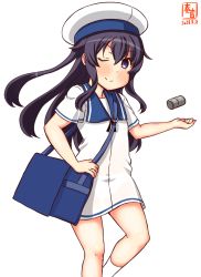 Rule 34 | 1girl, akatsuki (kancolle), alternate costume, artist logo, bag, blue sailor collar, cosplay, dated, depth charge, dress, hair between eyes, hat, hiburi (kancolle), hiburi (kancolle) (cosplay), kanon (kurogane knights), kantai collection, long hair, looking at viewer, one-hour drawing challenge, one eye closed, purple eyes, purple hair, sailor collar, sailor dress, sailor hat, short sleeves, shoulder bag, simple background, smile, socks, solo, white background, white dress, white socks
