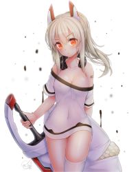 Rule 34 | 1girl, :o, ayanami (azur lane), azur lane, backlighting, bandaid, bandaid on face, bare shoulders, black panties, blonde hair, blurry, blush, breasts, cleavage, collarbone, covered navel, cowboy shot, dakimakura (object), doyouwantto, head tilt, headphones, highres, holding, holding sword, holding weapon, long hair, looking at viewer, medium breasts, no pants, off-shoulder shirt, off shoulder, panties, parted lips, pillow, ponytail, red eyes, see-through, shirt, short sleeves, sidelocks, signature, simple background, single thighhigh, solo, standing, sword, thighhighs, underwear, v-shaped eyebrows, weapon, white background, white shirt, white thighhighs