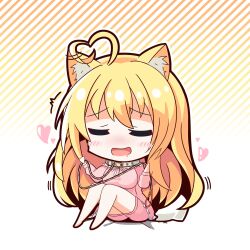 Rule 34 | 1girl, absurdres, ahoge, animal collar, animal ear fluff, animal ears, blonde hair, blush stickers, breasts, cat ears, chibi, closed eyes, collar, commentary request, drooling, gradient background, hair between eyes, hair down, hamidashi creative, hands up, heart, heart ahoge, highres, holding, holding leash, izumi hiyori, kemonomimi mode, knees up, large breasts, leash, long hair, long sleeves, motion lines, mouth drool, open mouth, pajamas, pink pajamas, simple background, sitting, smile, solo, tamayuki7519, twitching, very long hair, white background