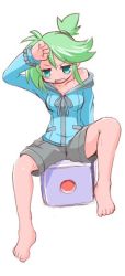 Rule 34 | 100 percent orange juice, 1girl, alicianrone, arm up, bare shoulders, barefoot, blue eyes, blue jacket, collarbone, commentary request, dice, full body, green hair, grey shorts, hair between eyes, hono, hood, hood down, hooded jacket, jacket, long sleeves, miusaki (orange juice), off shoulder, official art, ponytail, short shorts, shorts, simple background, sitting, solo, v-shaped eyebrows, white background
