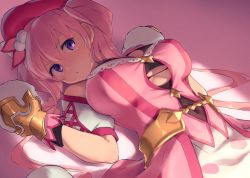 Rule 34 | 1girl, blush, breasts, cleavage cutout, clothing cutout, dress, hat, highres, large breasts, long hair, looking at viewer, lying, mittens, nitro (mugityaoisii), on back, pink dress, pink hair, pink hat, princess connect!, puffy short sleeves, puffy sleeves, purple eyes, short sleeves, solo, tsumugi (princess connect!), twintails, white mittens