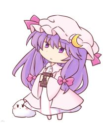 Rule 34 | 1girl, 216, :&lt;, book, bow, chibi, commentary request, crescent, crescent hat ornament, crescent pin, dress, full body, hair bow, hat, hat ornament, hat ribbon, holding, holding book, long hair, looking at viewer, mob cap, patchouli knowledge, purple eyes, purple hair, red bow, red ribbon, ribbon, robe, simple background, striped clothes, striped dress, touhou, very long hair, white background, wide sleeves