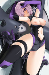 Rule 34 | 1girl, armpits, arms up, black thighhighs, breasts, breasts out, cameltoe, cleavage, clothing cutout, dutch angle, elbow gloves, fate/grand order, fate (series), gloves, gluteal fold, hair over one eye, head tilt, high heels, highres, large breasts, leotard, looking at viewer, lying, mash kyrielight, navel, navel cutout, ogadenmon, on back, open mouth, pink hair, purple eyes, purple gloves, shield, short hair, sitting, solo, thigh strap, thighhighs, wariza