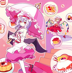 Rule 34 | 2girls, adapted costume, alternate costume, bare shoulders, bat wings, blonde hair, blush, bubble skirt, crystal, family, flandre scarlet, food, frills, gloves, hat, hat ribbon, highres, ideolo, light purple hair, long hair, long sleeves, looking at viewer, mob cap, multiple girls, open mouth, pantyhose, parasol, puffy sleeves, red eyes, remilia scarlet, ribbon, scan, shirt, short hair, siblings, sisters, skirt, skirt set, sleeveless, smile, stairs, touhou, umbrella, vest, white gloves, white legwear, wings