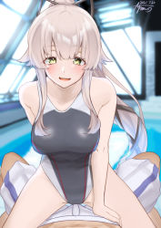 Rule 34 | 1boy, 1girl, alternate costume, alternate hair color, ayuman, black one-piece swimsuit, breasts, bulge, competition swimsuit, erection, erection under clothes, girl on top, green eyes, grey hair, grinding over clothes, hair flaps, highleg, highleg swimsuit, highres, indoors, kantai collection, large breasts, long hair, lying, male swimwear, multicolored clothes, multicolored swimsuit, on back, one-piece swimsuit, ponytail, pool, poolside, pov, rei no pool, solo focus, spread legs, straddling, swim trunks, swimsuit, teasing, very long hair, white male swimwear, white one-piece swimsuit, white swim trunks, yura (kancolle)