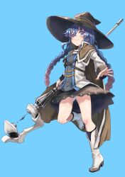 Rule 34 | 1girl, absurdres, black hat, black skirt, black socks, blue background, blue hair, blush, boots, braid, brown cloak, cloak, closed mouth, crystal, flat chest, full body, grey shirt, hair between eyes, hat, highres, holding, holding staff, jacket, light smile, long hair, looking at viewer, mage staff, mushoku tensei, pan (ryu), platform boots, platform footwear, roxy migurdia, shirt, simple background, skirt, socks, solo, staff, standing, standing on one leg, twin braids, very long hair, white footwear, white jacket, witch hat