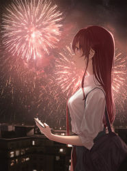 Rule 34 | 1girl, absurdres, bag, breasts, closed mouth, collared shirt, fireworks, hair between eyes, highres, holding, hololive, houshou marine, long hair, medium breasts, necktie, night, profile, red eyes, red hair, red necktie, rianya07, shirt, sleeves rolled up, solo, standing, straight hair, very long hair, virtual youtuber, white shirt, wing collar