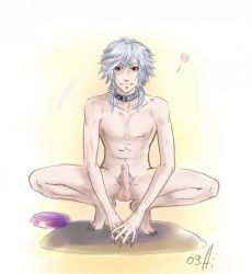 Rule 34 | 1boy, artist request, bowl, claws, collar, erection, fang, heart, kuroshitsuji, male focus, nude, penis, pet bowl, pluto (kuroshitsuji), pubic hair, red eyes, silver hair, simple background, smile, solo, squatting, testicles, uncensored