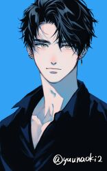 Rule 34 | 1boy, black hair, black shirt, blue background, blush, closed mouth, collared shirt, ear piercing, expressionless, grey eyes, highres, looking at viewer, male focus, naonaobkb, nose blush, original, parted bangs, piercing, portrait, shirt, short hair, solo, sunlight, thick eyebrows, twitter username